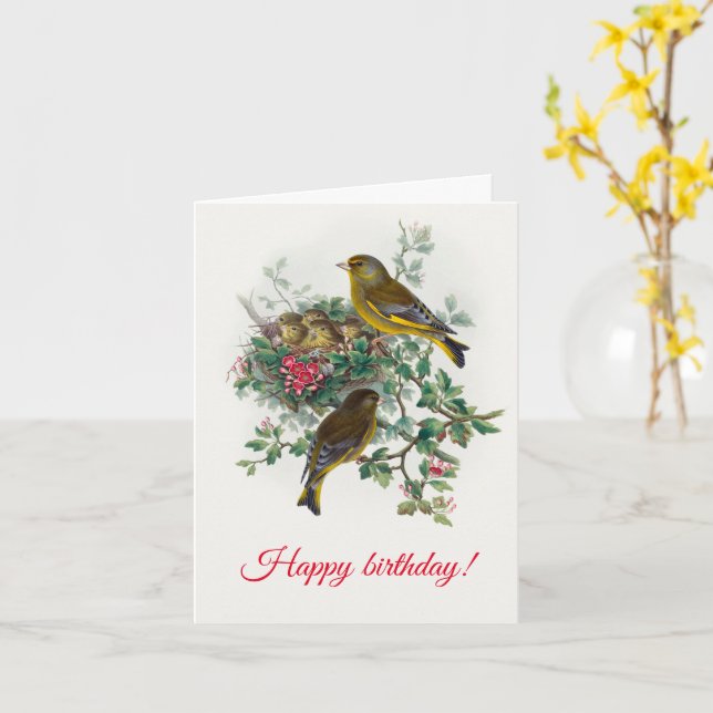 Der europäische Greenfinch, Glückwunsch zum Geburt Karte (Gelbe Blume)