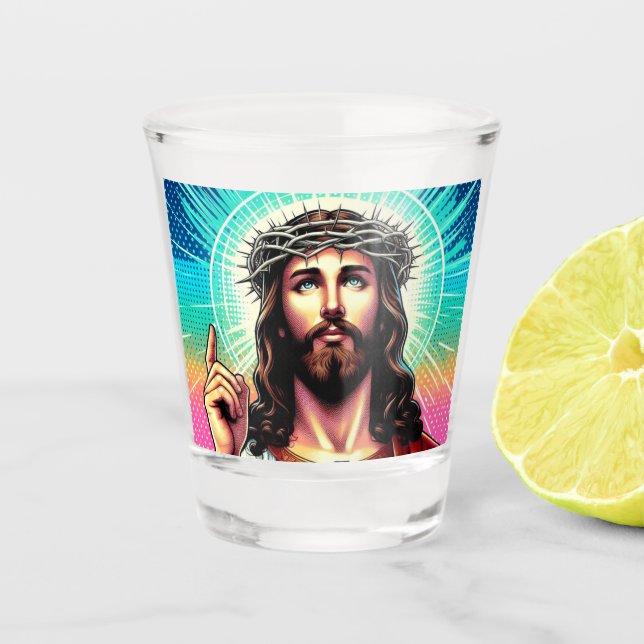 Der farbenfrohe Jesus schoss Glas! Schnapsglas (Vorderseite)