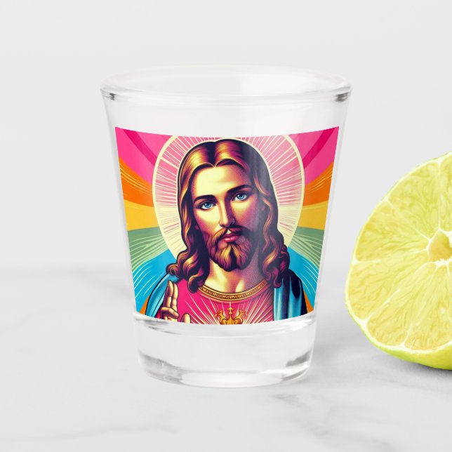 Der farbenfrohe Jesus schoss Glas! Schnapsglas (Vorderseite)