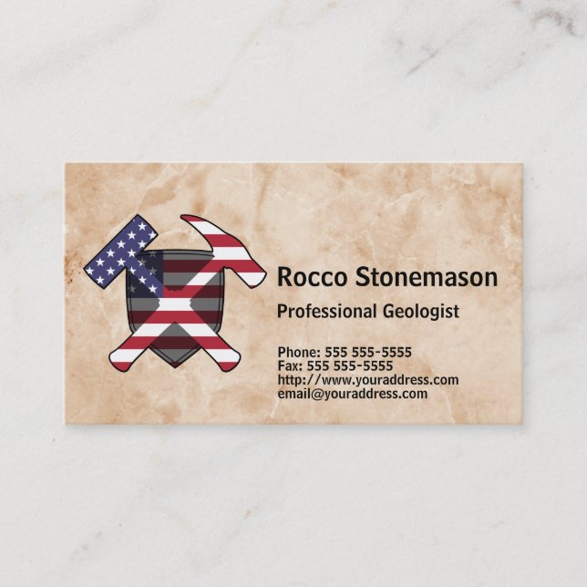 Der Felsen-Hammer-Logo des Geologen mit USA-Flagge Visitenkarte (Vorderseite)