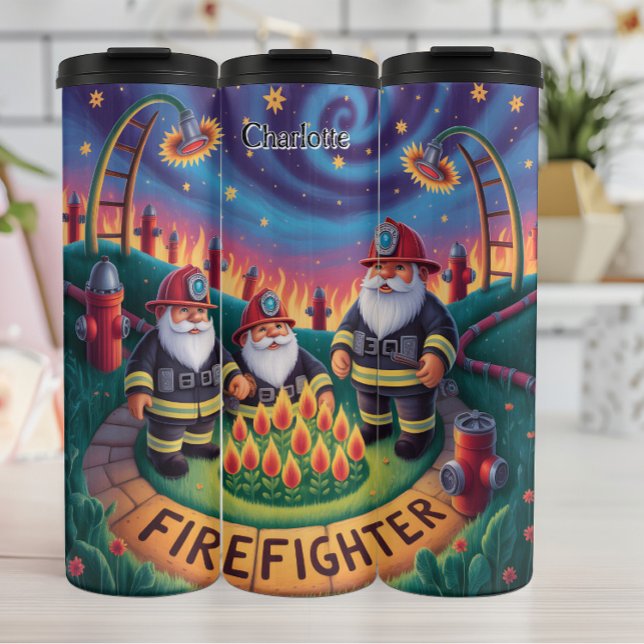 Der Feuerwehrmann schaltet sich in einem Kreis Thermosbecher (Von Creator hochgeladen)