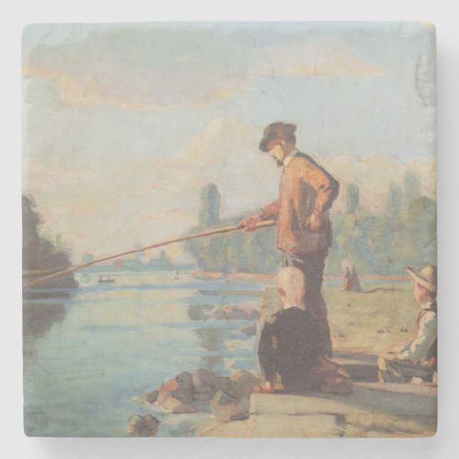 Der Fischer (Angeln im Freien) (Fluss) Steinuntersetzer (Vorderseite)