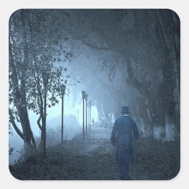 Der Fremde im Park im Nebel Quadratischer Aufkleber (Vorderseite)