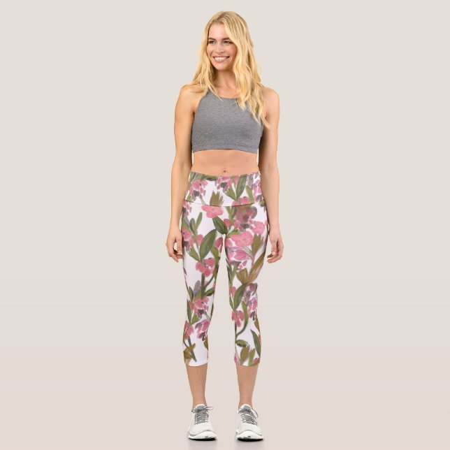 Der Frühling blüht in Rosa, grüne Oliven Capri Leggings (Vorderseite)
