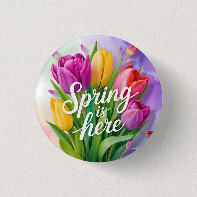 "Der Frühling ist da" Tulpenstrauß-Illustration Button (Vorderseite)