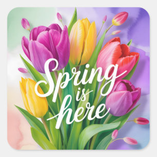 "Der Frühling ist da" Tulpenstrauß-Illustration Quadratischer Aufkleber