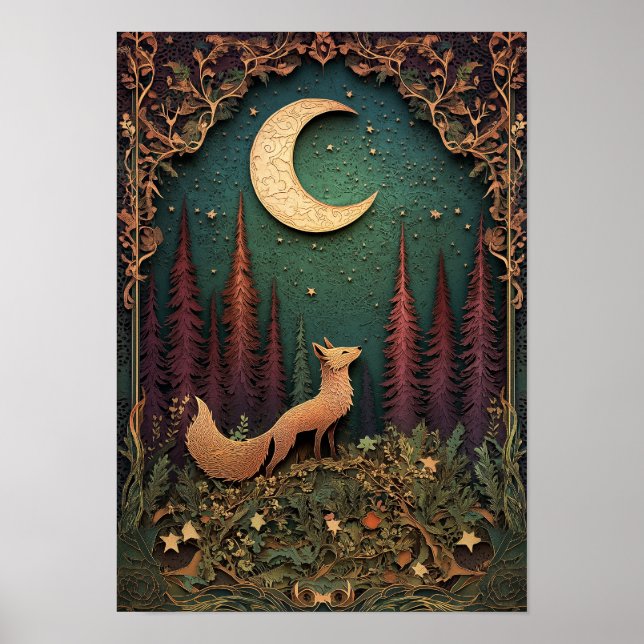 Der Fuchs | Nachtwaldkunst Poster (Vorne)