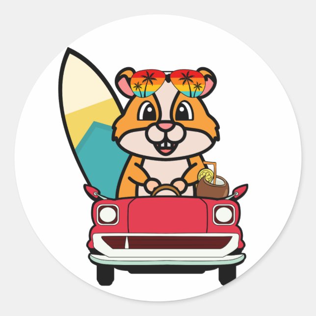 Der Funny Hamster fährt zum Strand Runder Aufkleber (Vorderseite)