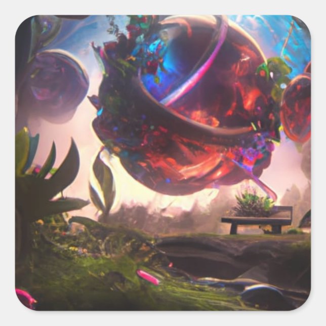 Der futuristische Planet und die Gartenkunst Quadratischer Aufkleber (Vorderseite)