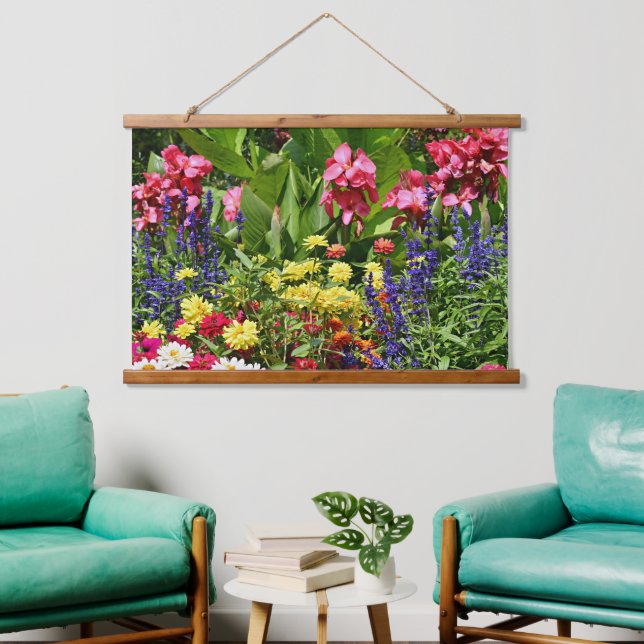 Der Garten der farbenfrohen Sommerblüten Wandteppich Mit Holzrahmen (Wohnzimmer)
