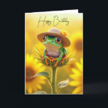 Der Geburtstagsfrosch eines Freundes auf einem Son Karte<br><div class="desc">Ein niedlicher Frosch mit einem Strohhalm auf einem Sonnenblumenknochen,  umgeben von Sonnenblumen. Der Innentext kann geändert werden.</div>