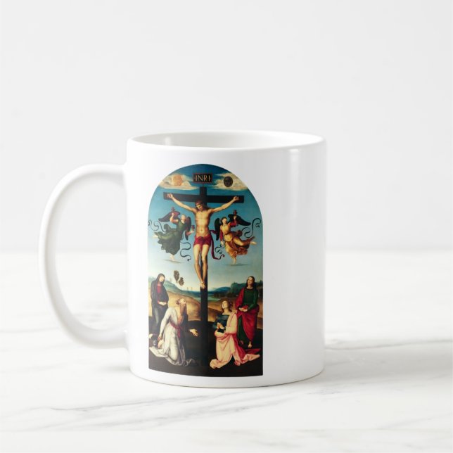 Der gekreuzigte Christus mit der Jungfrau Mary Kaffeetasse (Links)