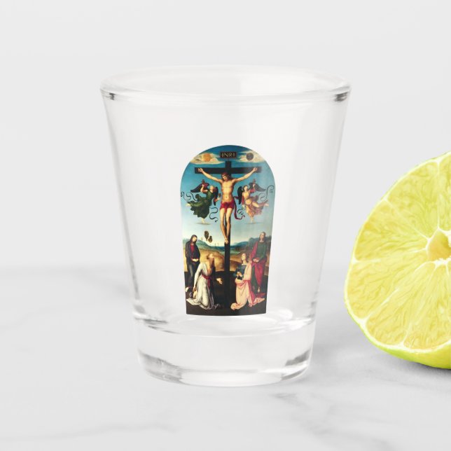 Der gekreuzigte Christus mit der Jungfrau Mary Schnapsglas (Vorderseite)
