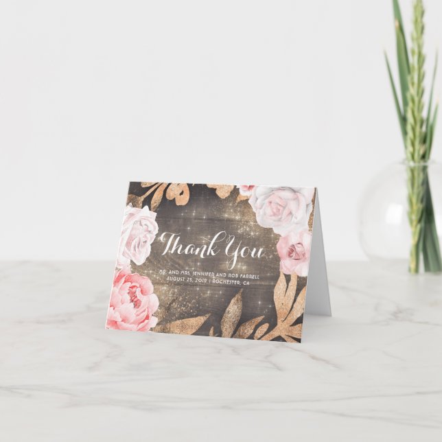 Der GoldGlitzer und rosa Blumen, die Wedding sind, Dankeskarte (Vorderseite)