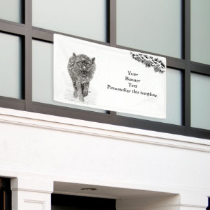 Der graue Schwarze Wolf im Schnee , der wilde Wint Banner