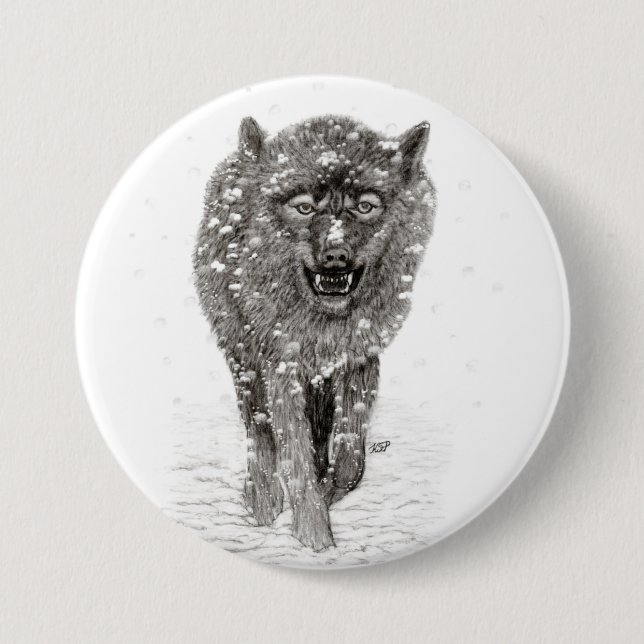 Der graue Schwarze Wolf im Schnee , der wilde Wint Button (Vorderseite)