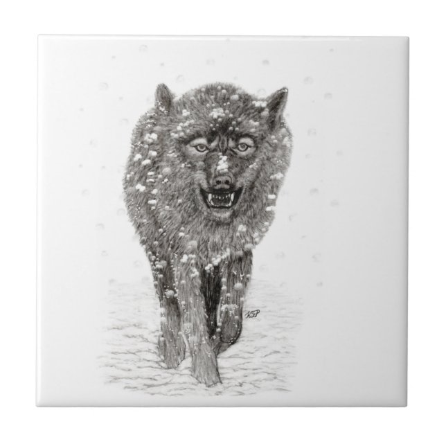 Der graue Schwarze Wolf im Schnee , der wilde Wint Fliese (Vorderseite)
