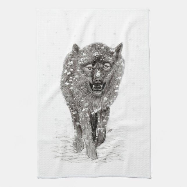 Der graue Schwarze Wolf im Schnee , der wilde Wint Geschirrtuch (Vertikal)