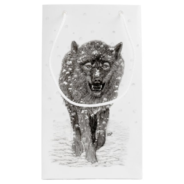 Der graue Schwarze Wolf im Schnee , der wilde Wint Kleine Geschenktüte (Rückseite)