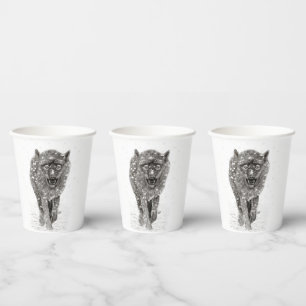Der graue Schwarze Wolf im Schnee , der wilde Wint Pappbecher