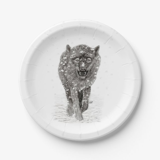 Der graue Schwarze Wolf im Schnee , der wilde Wint Pappteller (Vorderseite)