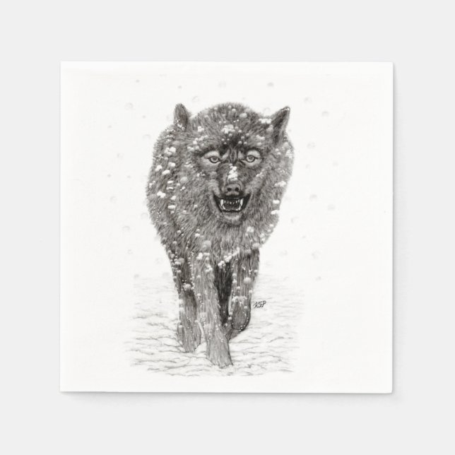 Der graue Schwarze Wolf im Schnee , der wilde Wint Serviette (Vorderseite)