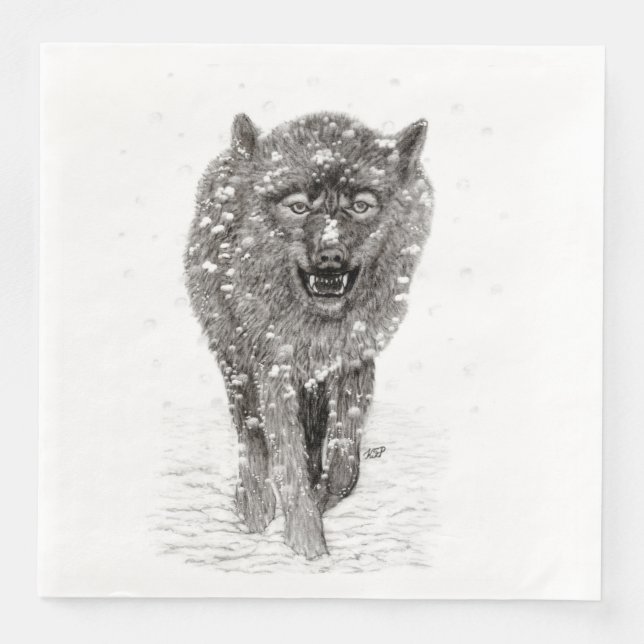 Der graue Schwarze Wolf im Schnee , der wilde Wint Serviette (Vorderseite)