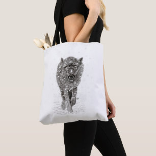 Der graue Schwarze Wolf im Schnee , der wilde Wint Tasche