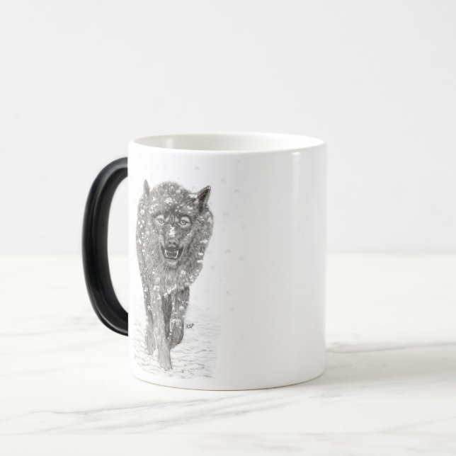 Der graue Schwarze Wolf im Schnee , der wilde Wint Verwandlungstasse (Vorderseite Links)