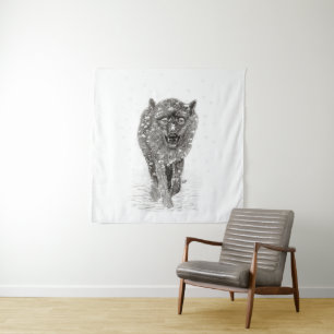 Der graue Schwarze Wolf im Schnee , der wilde Wint Wandteppich