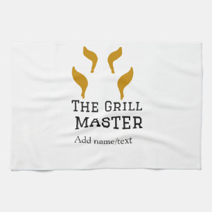 Der Grillmeister fügt Namenstext hinzu, der am bes Geschirrtuch