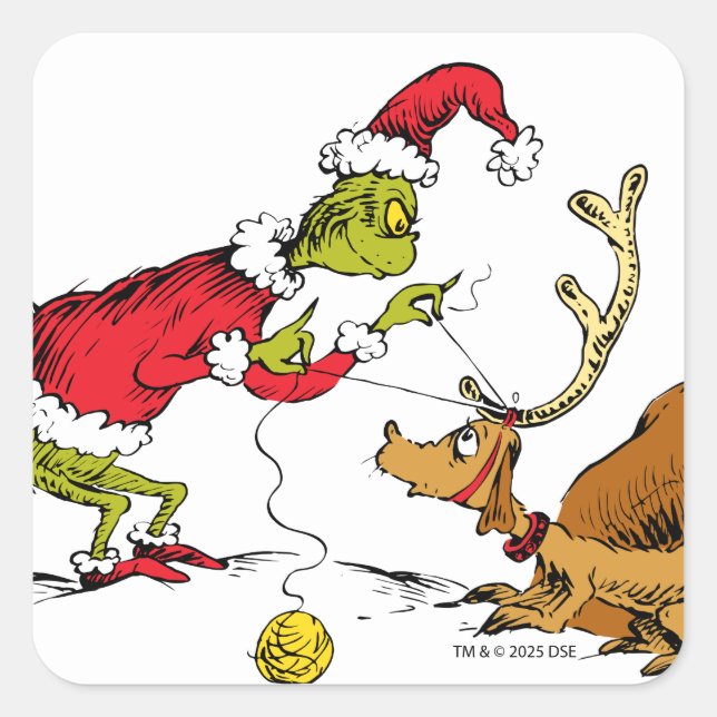 Der Grinch bereitet Max das Rentier vor Quadratischer Aufkleber (Vorderseite)