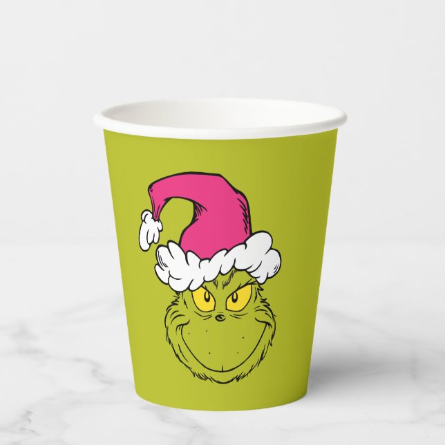 Der Grinch mit rosa Santa-Mütze Pappbecher (Vorderseite)