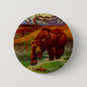 Der Grizzlybär, der wild lebende Tiere fischt, Button