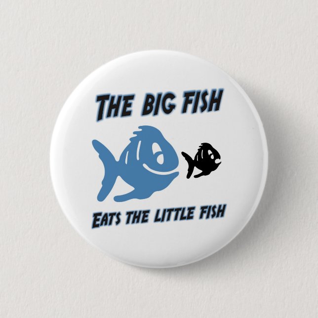 Der große Fisch isst den kleine Fische lustigen Button (Vorderseite)