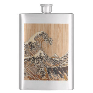 Der große Hokusai Wave Bamboo Holzstil Akzent Flachmann