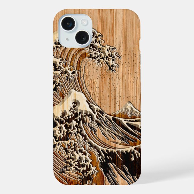 Der große Hokusai Wave Bamboo-Holzstil iPhone 15 Plus Hülle (Rückseite)