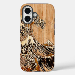 Der große Hokusai Wave Bamboo Wood Inlay Style iPhone 16 Hülle