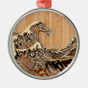 Der große Hokusai Wellen-hölzerne Art-Bambusakze Silbernes Ornament