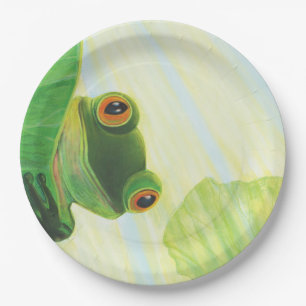 Der große mit Augen grüne Frosch hinter dem Lilien Pappteller