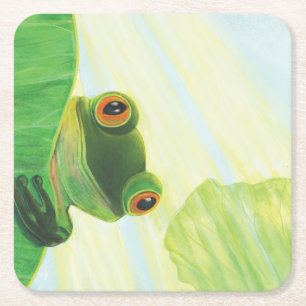 Der große mit Augen grüne Frosch hinter dem Lilien Rechteckiger Pappuntersetzer