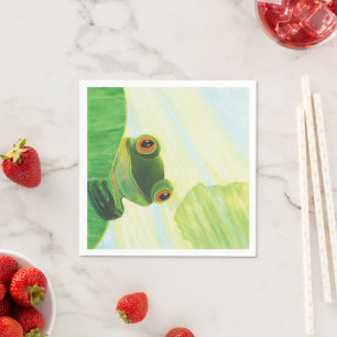 Der große mit Augen grüne Frosch hinter dem Lilien Serviette