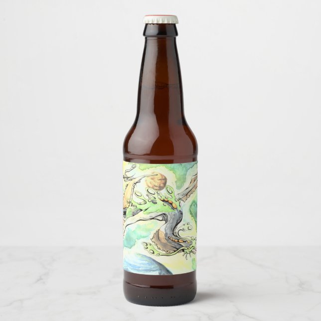 Der grüne Drache treibt auf dem Licht der Sterne Bierflaschenetikett (Vorderseite)