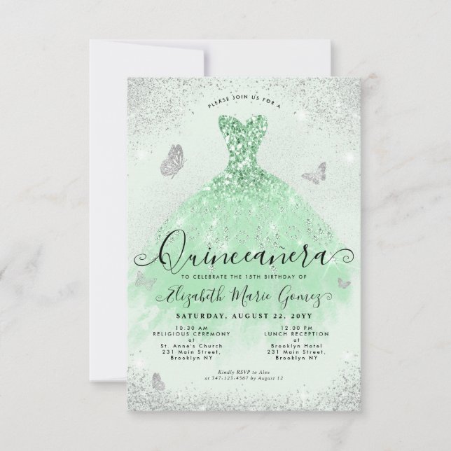 Der Grüne Silberne Glitzer aus der Quinceanera Mitteilungskarte (Vorderseite)
