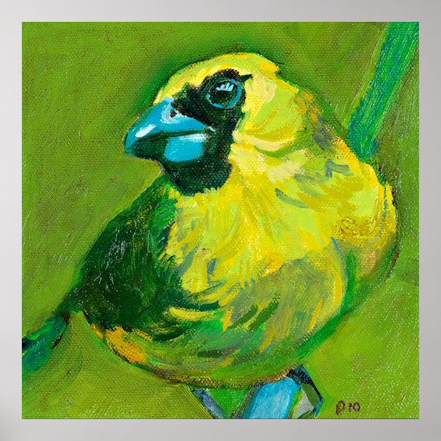 Der grüne Vogel mit dem blauen Schnabel Poster (Vorne)