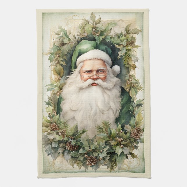 Der grüne Weihnachtsmann Gerahmt in Weihnachtsblät Geschirrtuch (Vertikal)