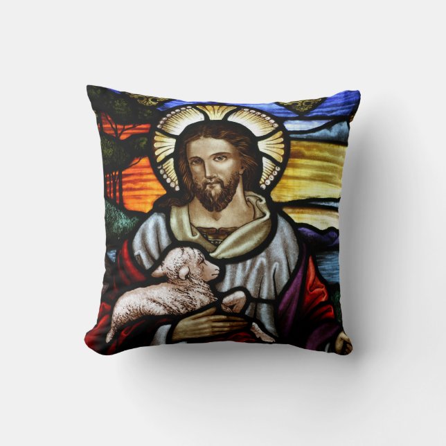 Der gute Hirte; Jesus auf Buntglas Kissen (Vorderseite)