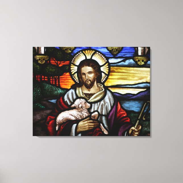 Der gute Hirte; Jesus auf Buntglas Leinwanddruck (Vorderseite)