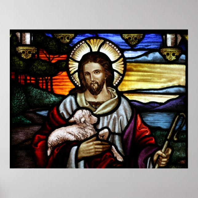 Der gute Hirte; Jesus auf Buntglas Poster (Vorne)