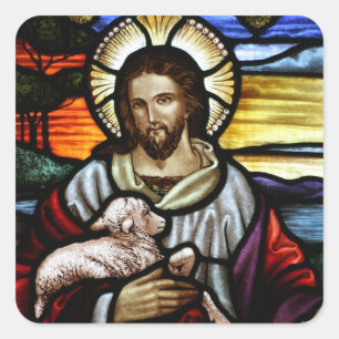 Der gute Hirte; Jesus auf Buntglas Quadratischer Aufkleber